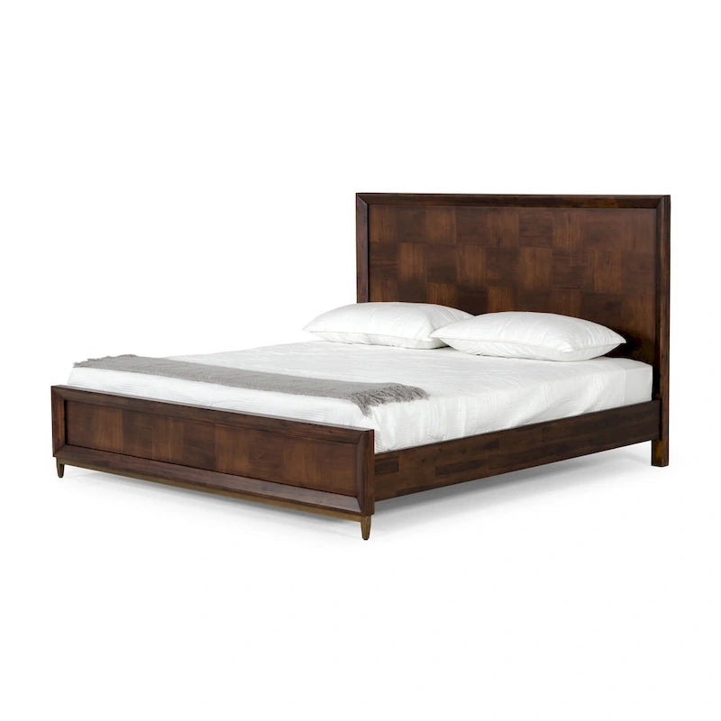 Modern Acacia & Brass Bed | Parquet Patchwork Design | Queen & King | Mango Veneer