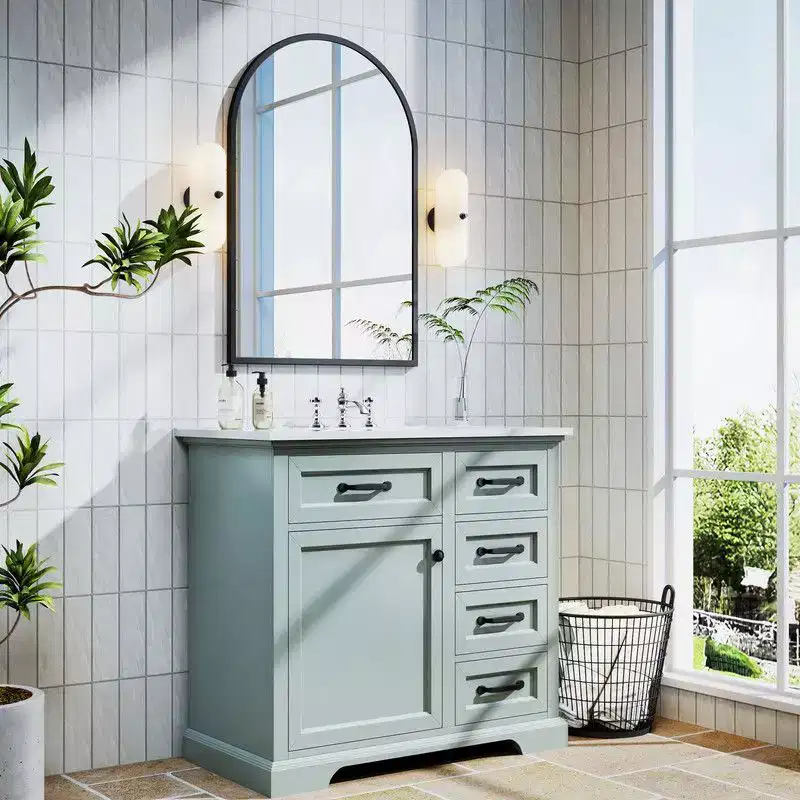 PexFix Bathroom Vanity with Top Ceramic Sink Freestanding Vanity Set 36 Storage Cabinet with Mirror 2 Tip-out Drawers Soft Close Door Hinges Grey