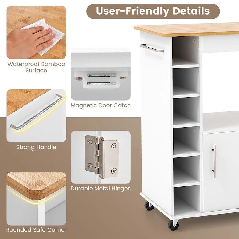 White Rolling Kitchen Cart with Wine Rack Cabinet and Bamboo Countertop