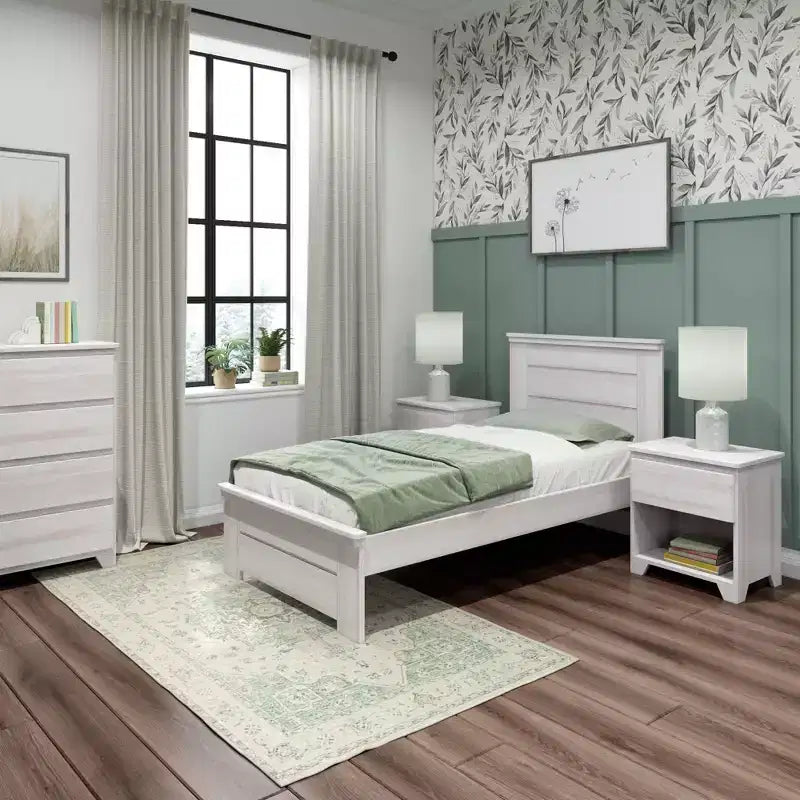 Twin Bed Frame with Panel Headboard, Modern Farmhouse Solid Wood Platform Bed