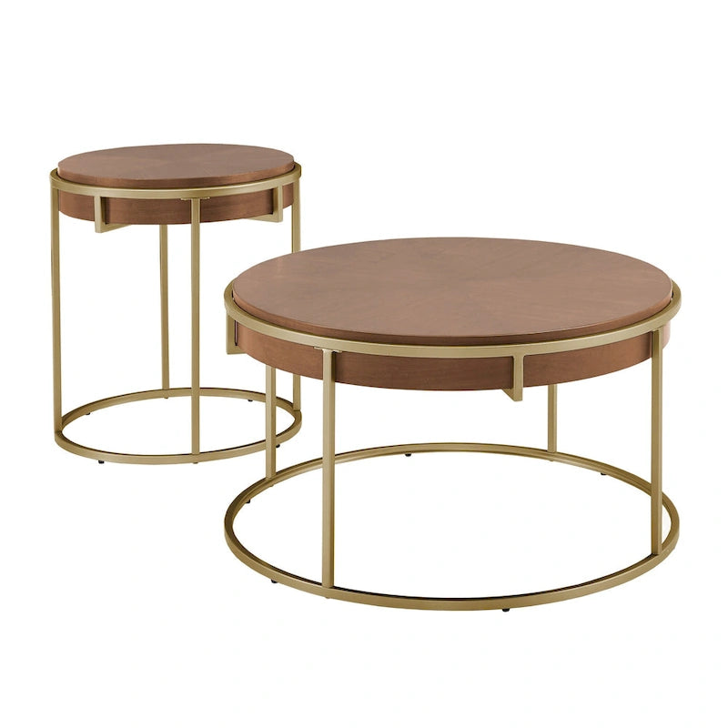 Round Coffee Table with Geometric Walnut Veneer Top and Gold Metal Base