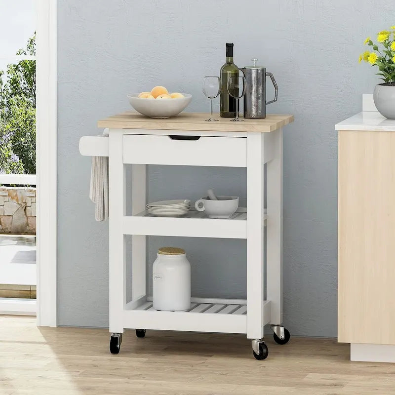 Compact Rolling Kitchen Cart with Rubberwood Top Drawer 2 Slatted Shelves and Towel Rack