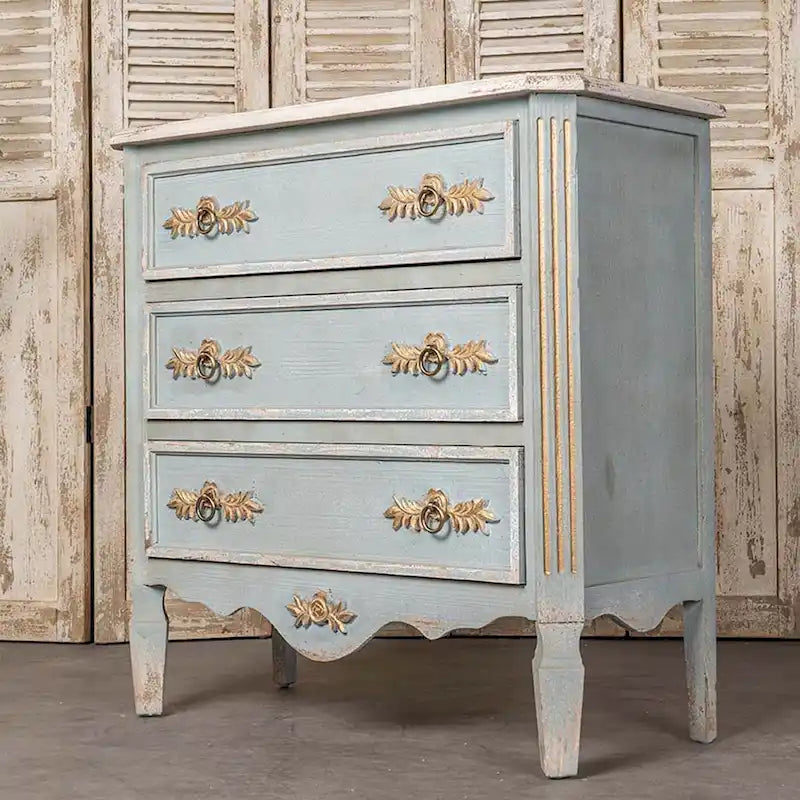 Distressed Light Blue Cream Top 2-Drawer Wood Cabinet with Gold Accents