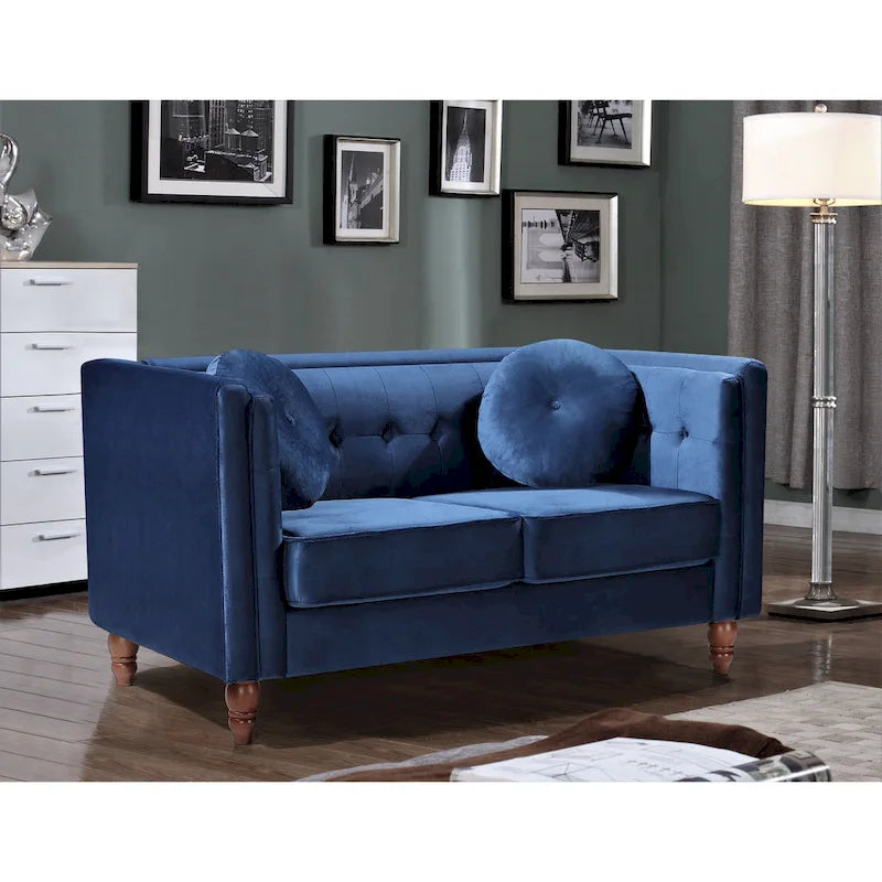 Crushed Velvet Loveseat with Button-Tufted Back and Bolster Pillows