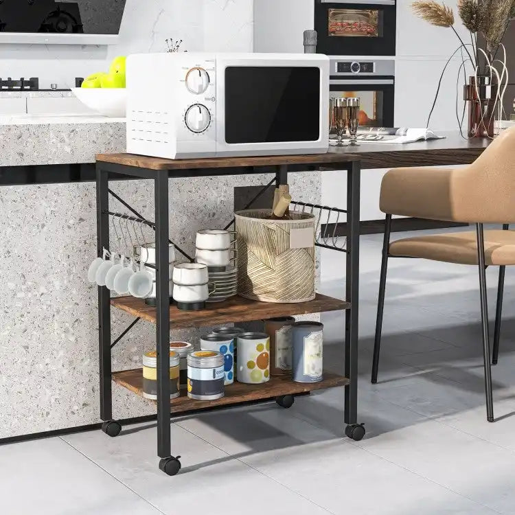 Rustic Brown 3-Tier Rolling Baker's Rack Microwave Cart with S-Hooks