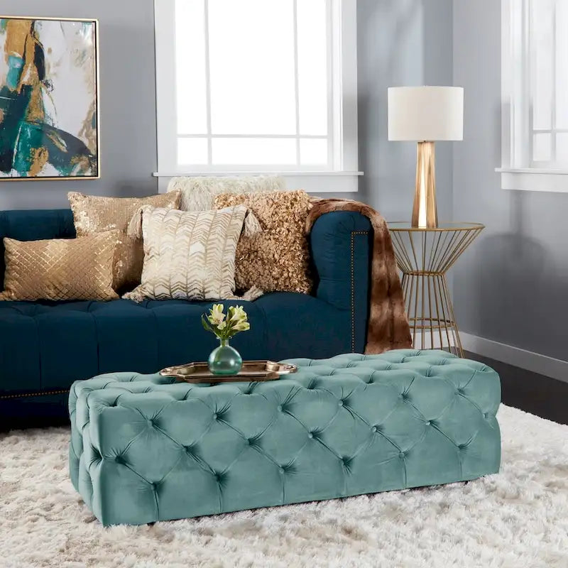 Tufted Velvet Ottoman Bench - Button Detail Upholstered Entryway Bench for Bedroom