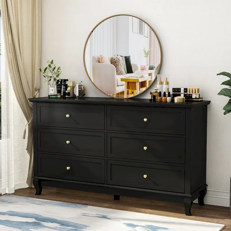 Wooden 6-Drawer Double Dresser with Deep Drawers for Bedroom