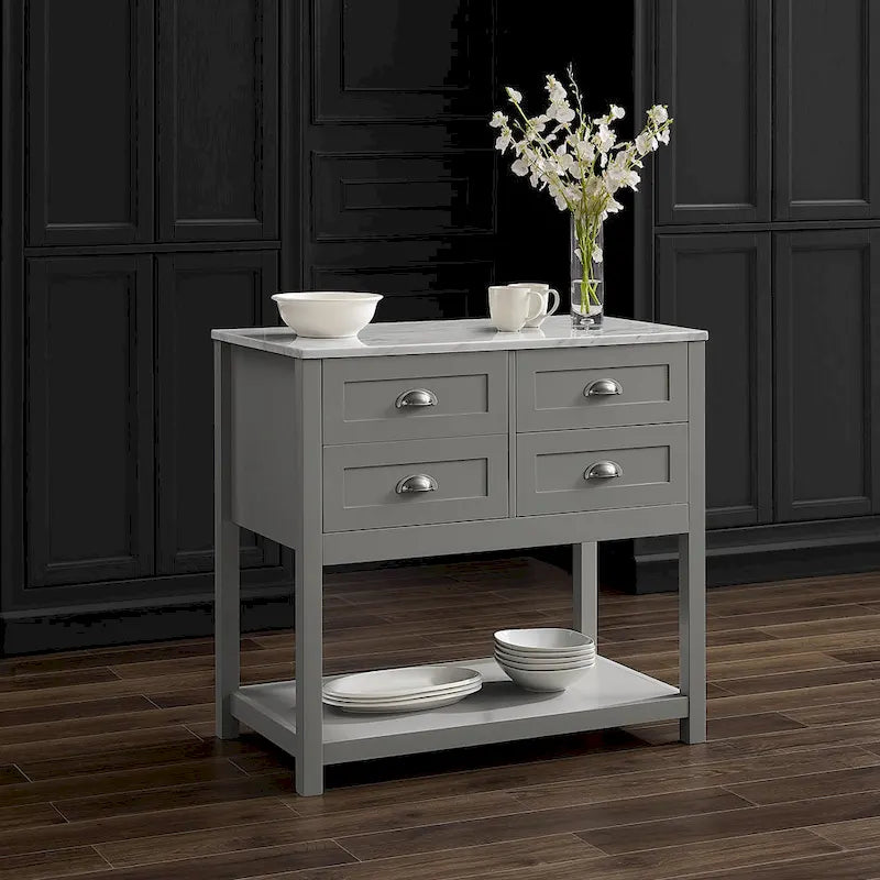 Modern Farmhouse Kitchen Island Cart with 4 Drawers Faux Marble Top and Casters