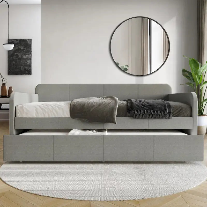Upholstered Linen Daybed with Roll-Out Trundle