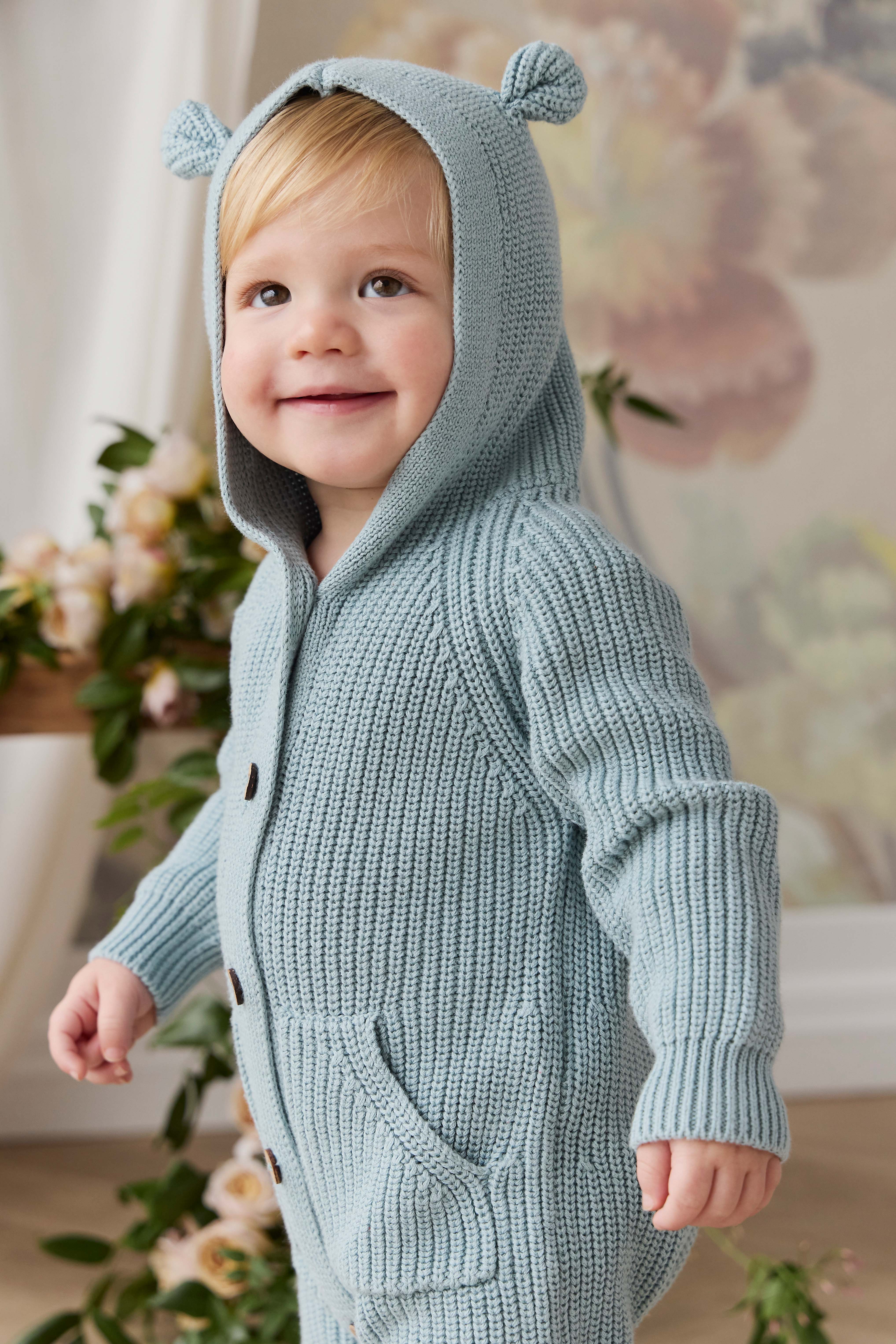 Playful Dusty Blue Bear Ear Hooded Cotton Knit Onepiece with Button-Down Front & Front Pockets for Baby Autumn-Winter (0�C3Y)