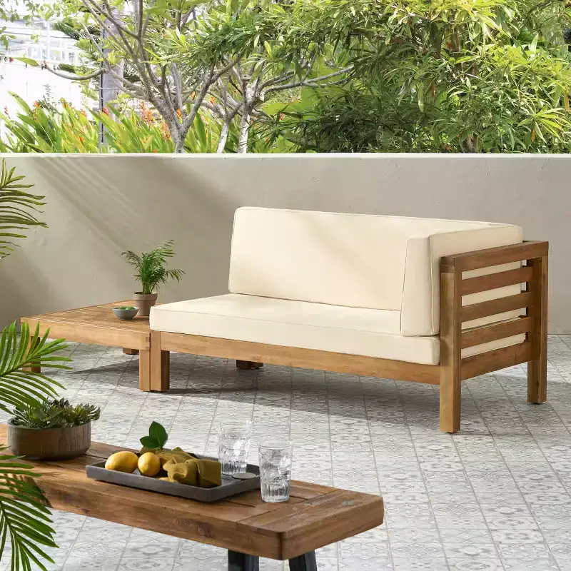 Christopher Knight Home Oana Outdoor Acacia Wood Right Arm Loveseat and Coffee Table Set with Cushion