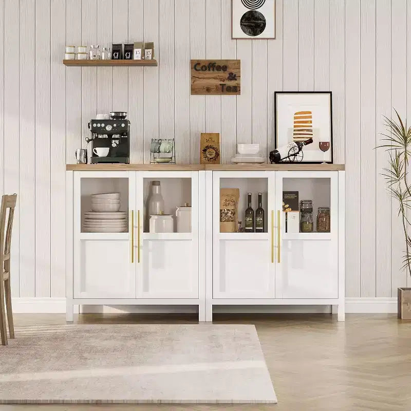 29 Wide Modern Storage Cabinet with Glass Doors  Versatile Buffet Sideboard for Kitchen, Living Room, and Dining Room - White