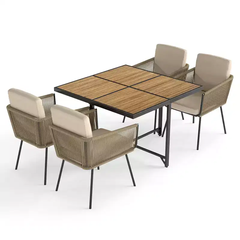 Gymax 5PC Outdoor Patio Dining Set w/ Rectangular Acacia Wood Table & Cushioned Chairs for Backyard and Garden