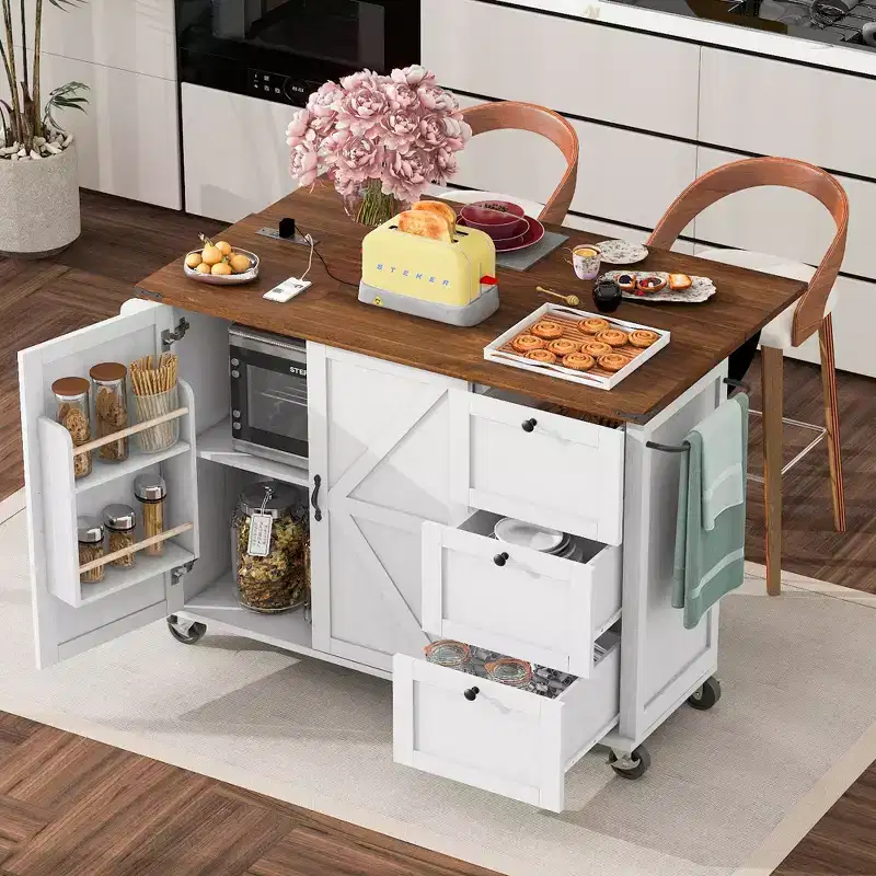 Whisen Farmhouse Style Kitchen Cart Island with Drop Leaf and Locking Wheels