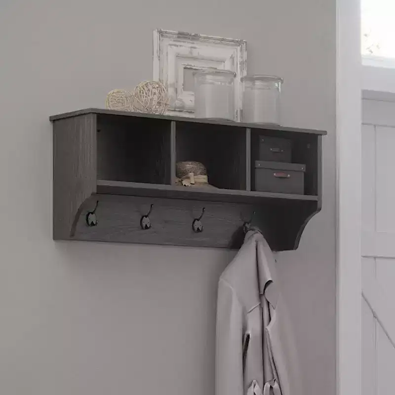 RiverRidge Home Woodbury Entryway Wall Coat Rack Storage with Hooks and Open Cubby Shelves for Hallway Weathered Woodgrain