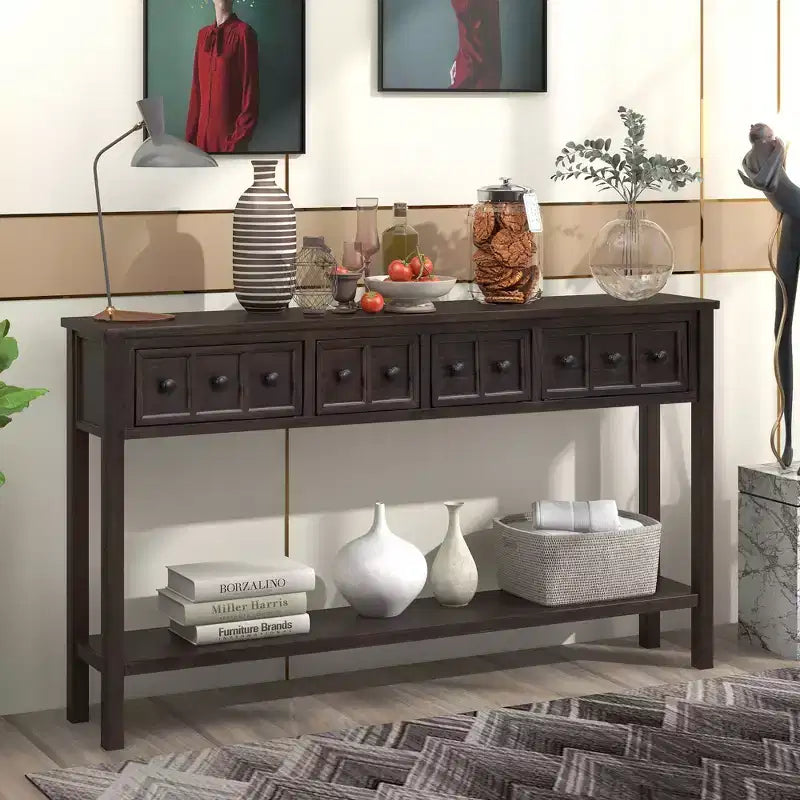 60 Rustic Console Table with 4 Drawers and Bottom Shelf, White