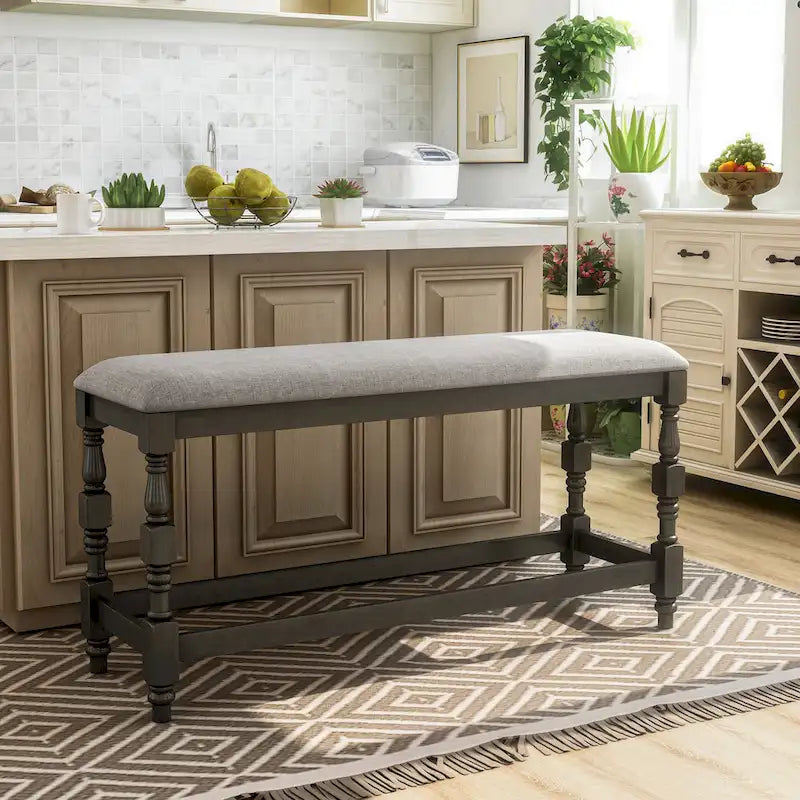 50-Inch Farmhouse Counter Height Upholstered Bench with Turned Legs