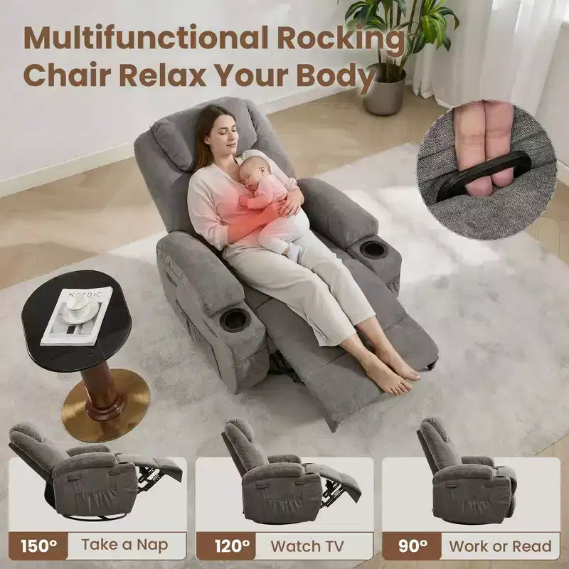 360 Swivel Rocker Recliner Chair with Massage and Heat