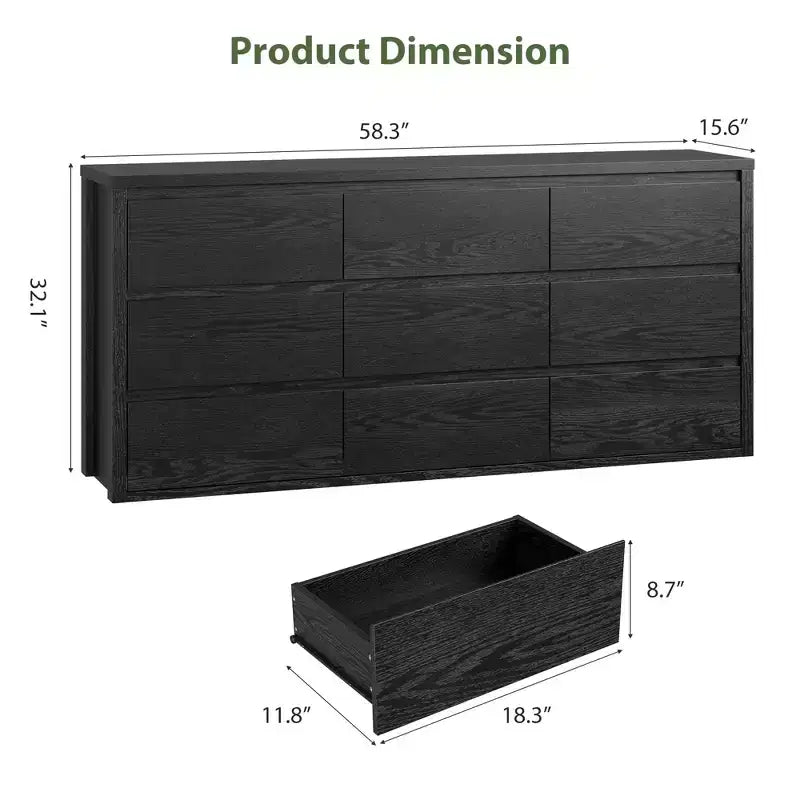 9 Drawer Dresser for Bedroom, 58W Wooden Chest of Drawers, Double Drawer TV Stand, Clothes Storage Organizer for Closet Hallway Bedroom