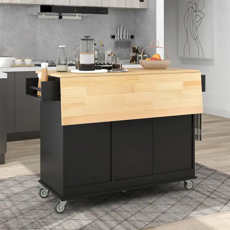 Rolling Kitchen Island with Drop Leaf Breakfast Bar Solid Wood Top 3 Drawers and Spice Rack
