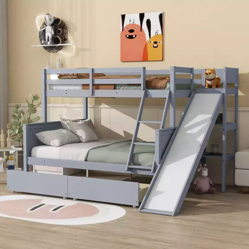 Twin over Full Bunk Bed with 2 Drawers, Shelves, Slide, Ladder, Safety Guardrails and Rubber Wood Frame, White/Grey