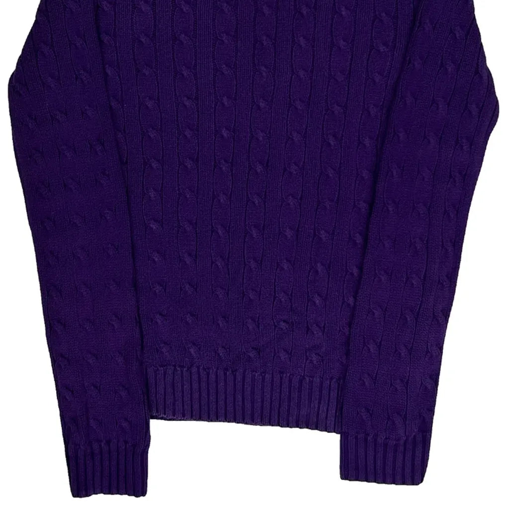 Purple Cable Knit V-Neck Long Sleeve Top Medium Cotton