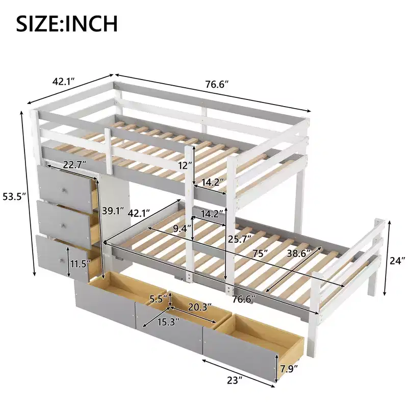 Twin over Twin Wooden Bunk Bed Frame with Drawers and Ladder -ModernLuxe