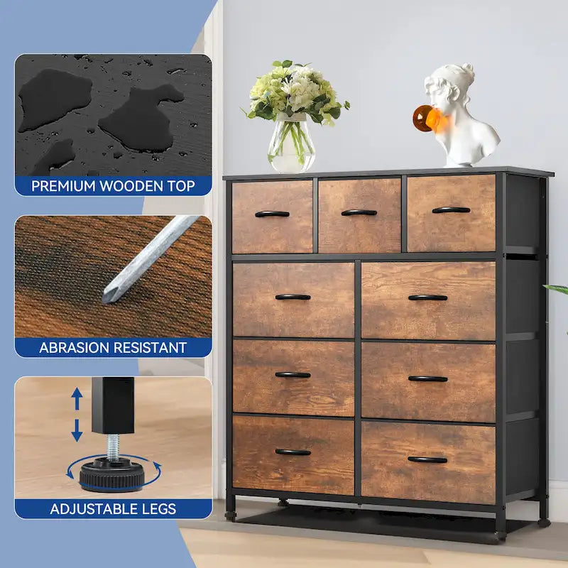 Rustic Wood-grain Bedroom Dresser with Metal Frame, Wooden Top