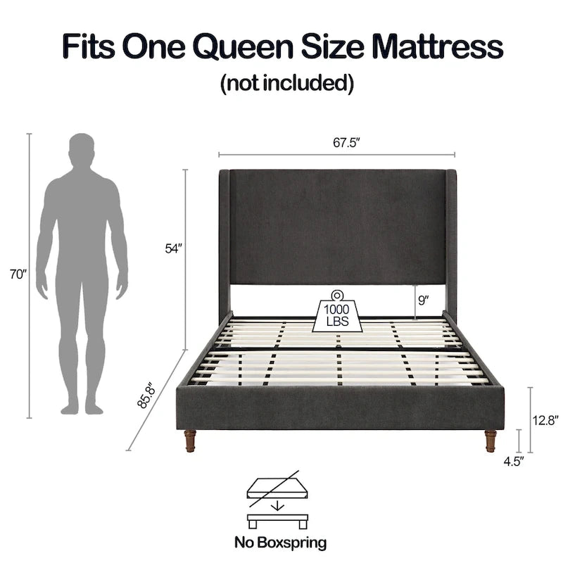 Tall Wingback Boucle Upholstered Bed Frame with Wooden Slat Base