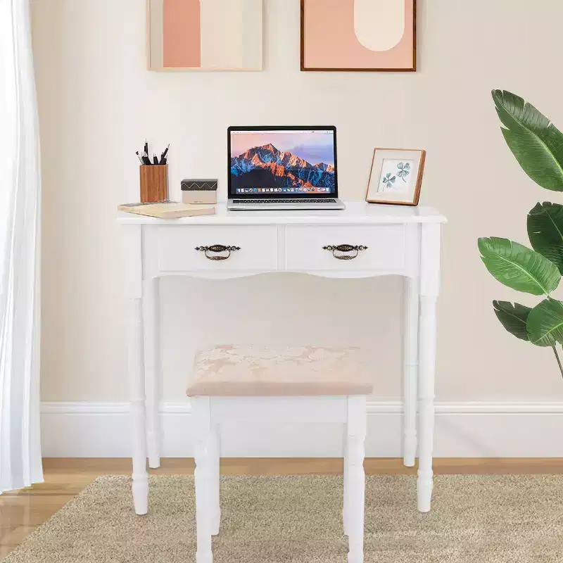 Costway Tri Folding Vanity Mirror Makeup Table Set w/4 Drawers & Stool White