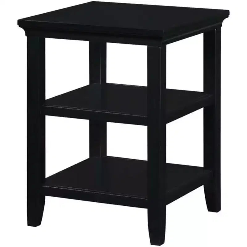 End Table with Lower and Middle Shelf, Transitional Rubberwood Side Table, Black