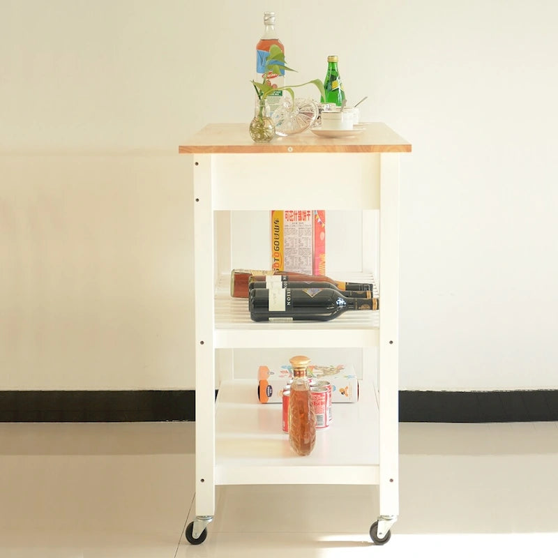 Rolling Kitchen Cart with Natural Wood Top 2 Open Shelves and Towel Rack