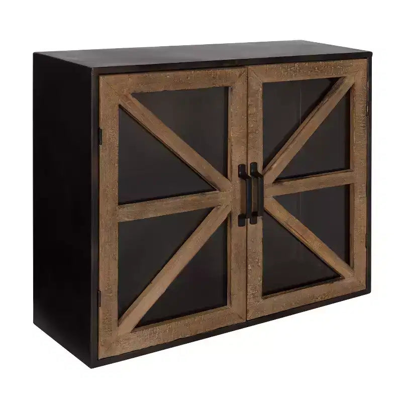 Farmhouse Wall Mounted Cabinet with Glass Doors & 2 Shelves, Rustic Metal Finish