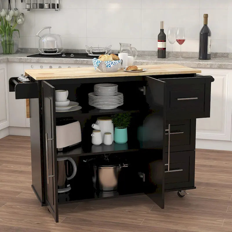 Rolling Kitchen Island Cart with Folding Top Drawers and Spice Rack