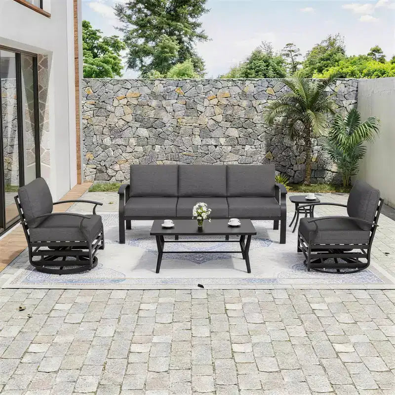 ALAULM 5-Seat Aluminum Patio Furniture Sofa Set, Outdoor Furniture Set w/5Swivel Rocking Chair&Metal Coffee Table