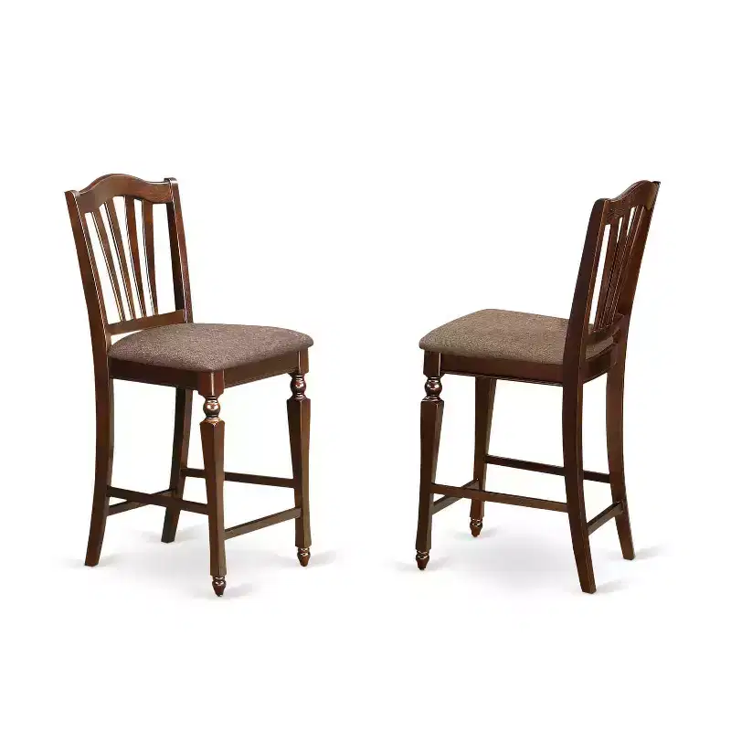 Counter Height Dining Set - 3 Piece Table & Chairs - Linen Upholstered Pub Table - 36x36 Inch Mahogany
