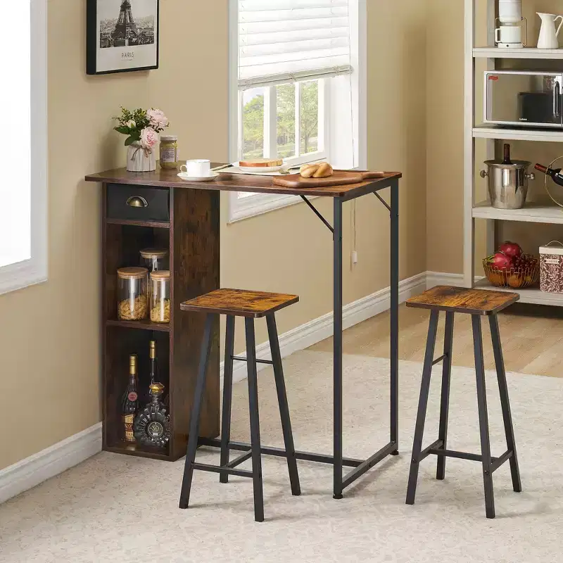Bar Table Set, 3-Piece Bar Table Set with Storage Drawer & Shelf, Space Saving Table Set, Small Table and 2 Chairs Set