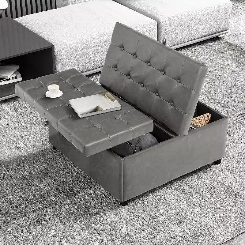 35.5 Inch Square Storage Ottoman Coffee Table - 500 lb Capacity, Gray Faux Leather
