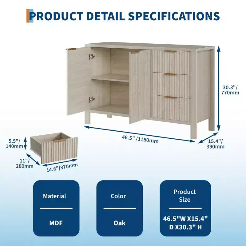 46.5 Fluted Sideboard Buffet Cabinet, Accent Coffee Bar Cabinet with 3 Drawers, Wooden Media Console Table TV Stand, Floor Cupboard Cabinet