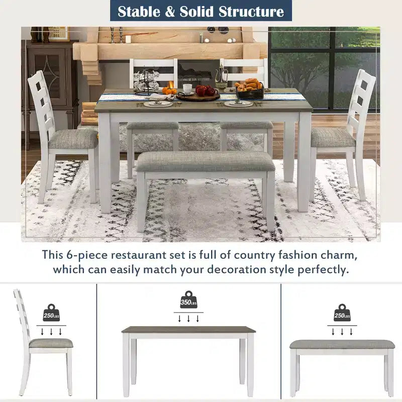 6 PCS Rustic Wood Dining Table Set, Rectangular Table with 4 Chairs & Bench-ModernLuxe