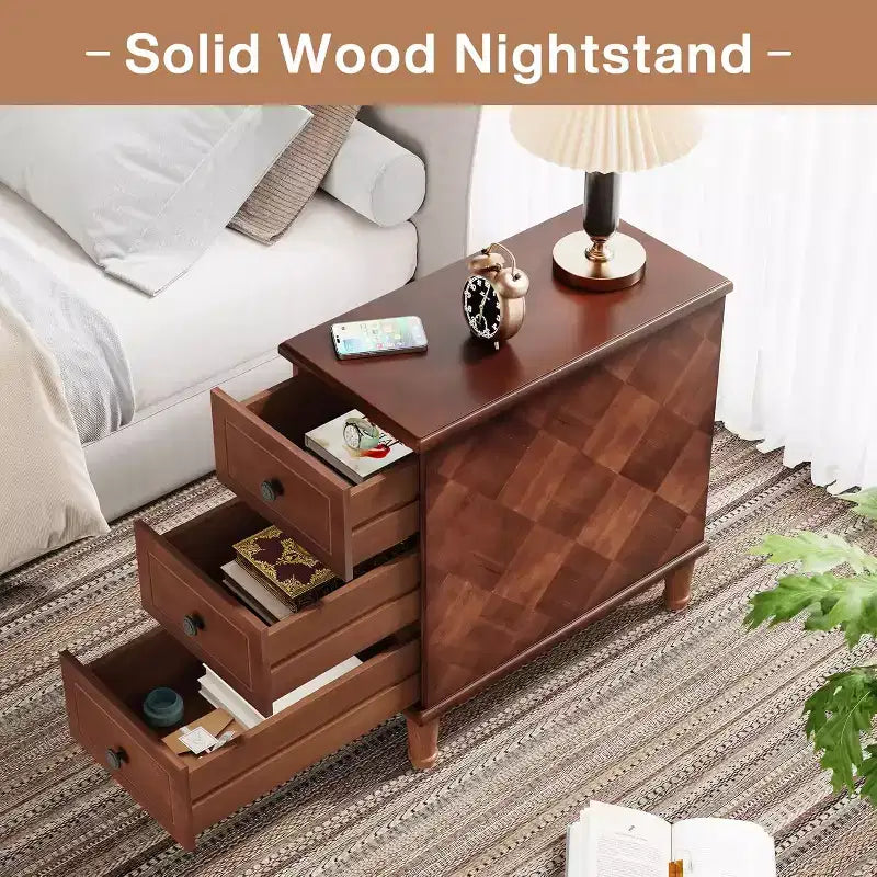 Narrow Wood End Table with 3 Drawers – Fully Assembled Nightstand for Bedroom & Living Room