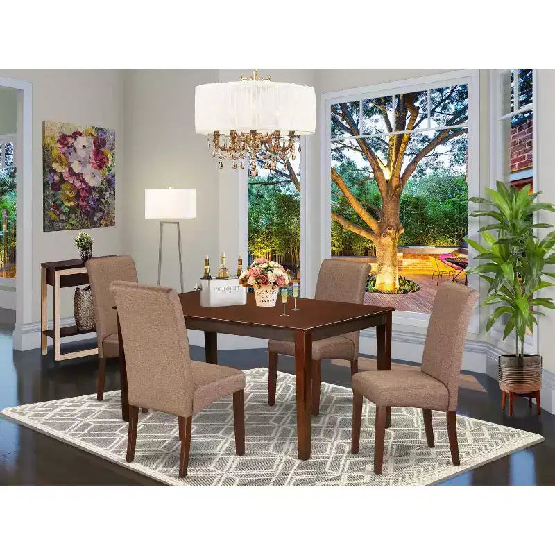 Kitchen Table Set 5 Piece - Linen Brown Fabric Chairs - Mahogany Legs - Dining Room Table