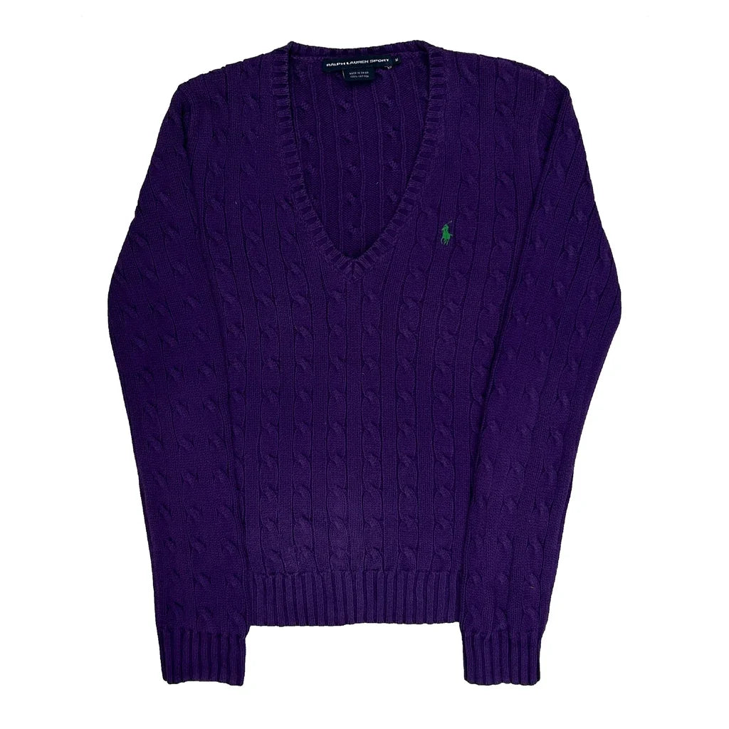 Purple Cable Knit V-Neck Long Sleeve Top Medium Cotton