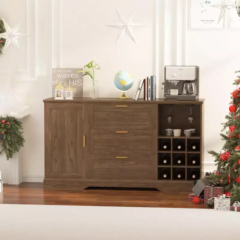 63 Inch Farmhouse Sideboard Buffet with Drawer Adjustable Shelves, Kitchen Island with Door-Back Rack for Snacks, Sideboard for Kitchen Entryway