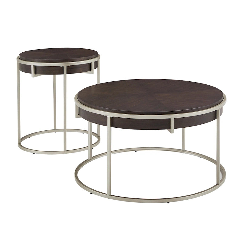 Round Coffee Table with Geometric Walnut Veneer Top and Gold Metal Base