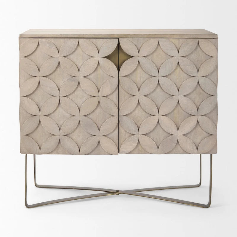 Light Brown Solid Wood 2-Door Accent Cabinet with Gold Iron Base