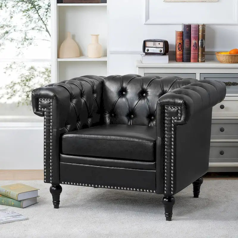 PU Leather Accent Arm Chair with Silver Stud Trim and Wood Legs