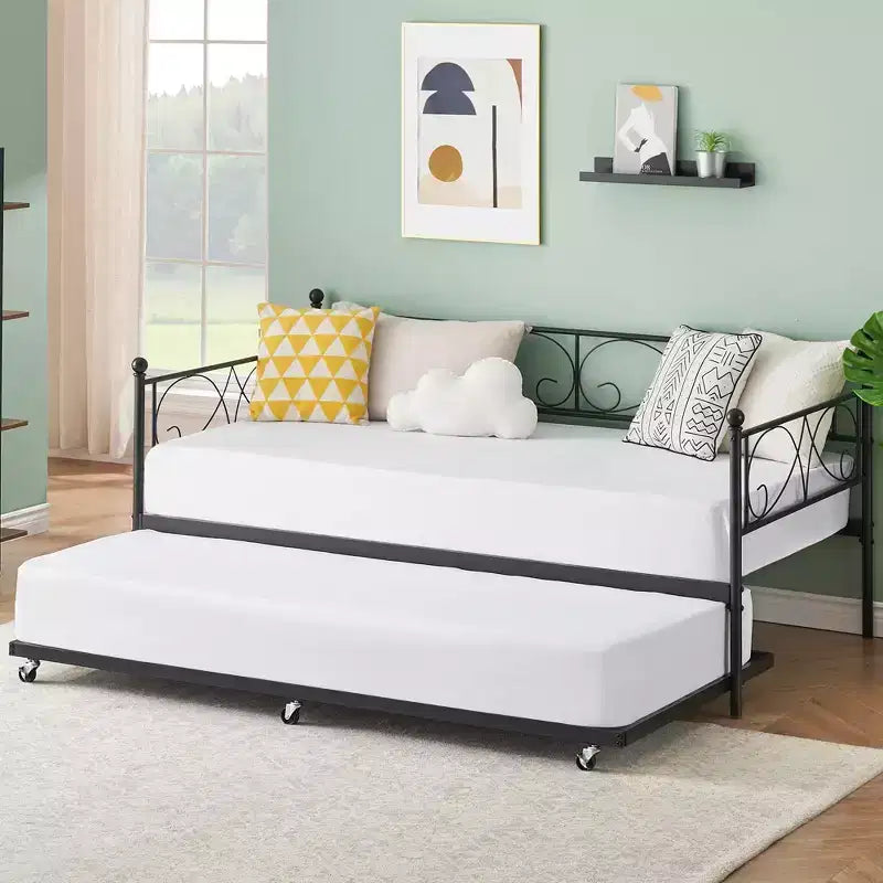 GustoWave Sofa Bed with Trundle, Twin Size Metal Daybed with Floral Headboard,Multifunctional Bed, for Bedroom, Living Room, Guest Room