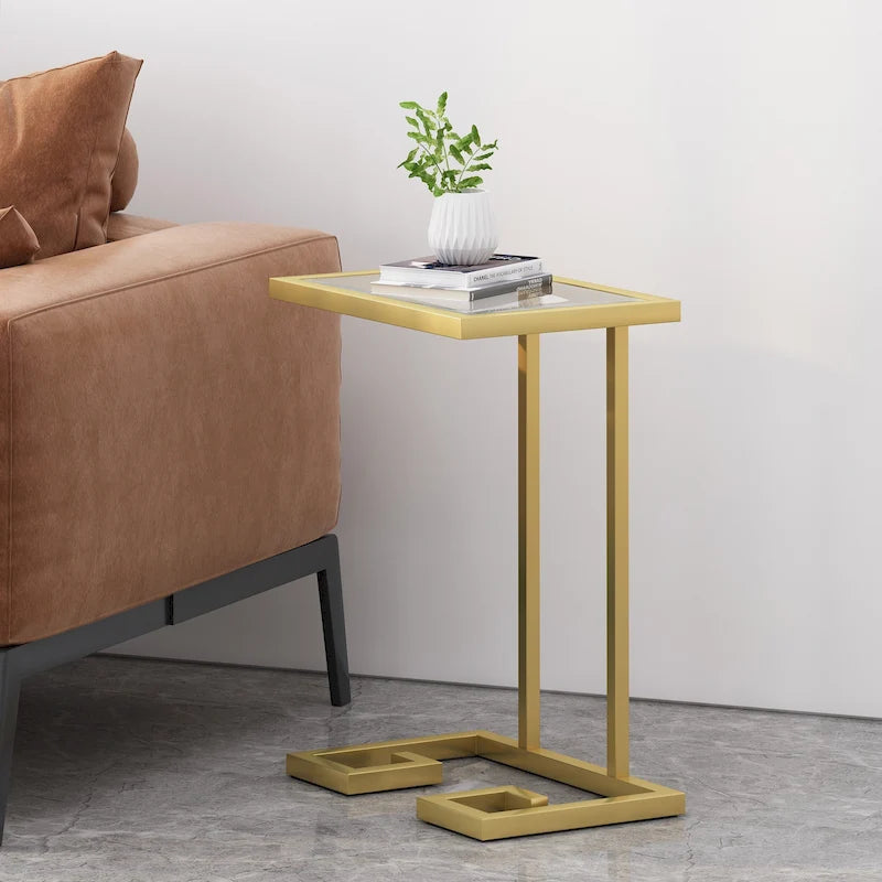 Indoor Iron & Tempered Glass C-Shaped End Table, Gold