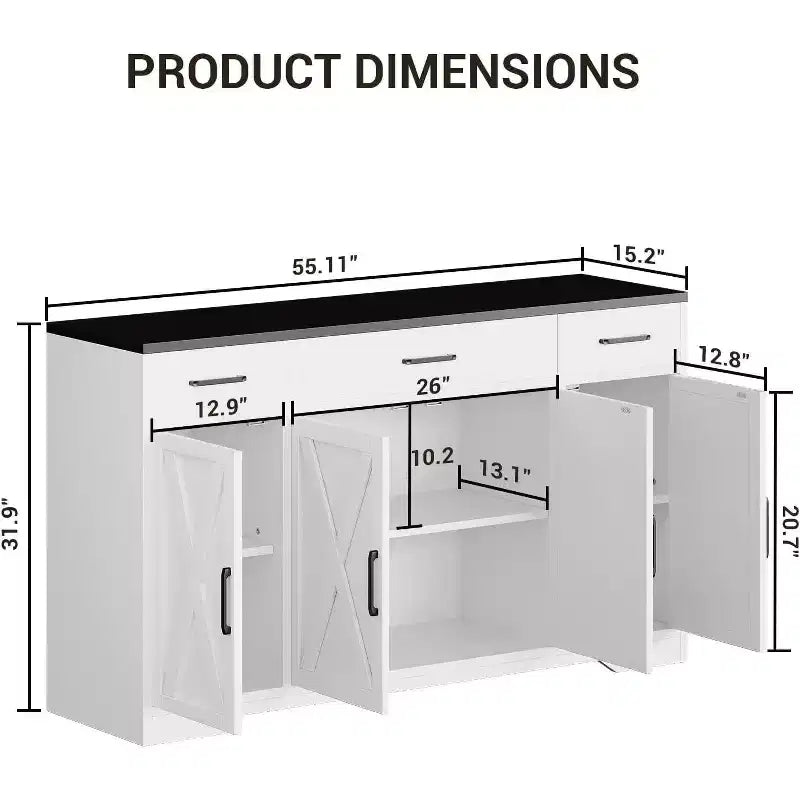 Acekool 55 Farmhouse Buffet Cabinet  Spacious Storage with Drawers for Kitchen, Dining & Living Room (White/Black)